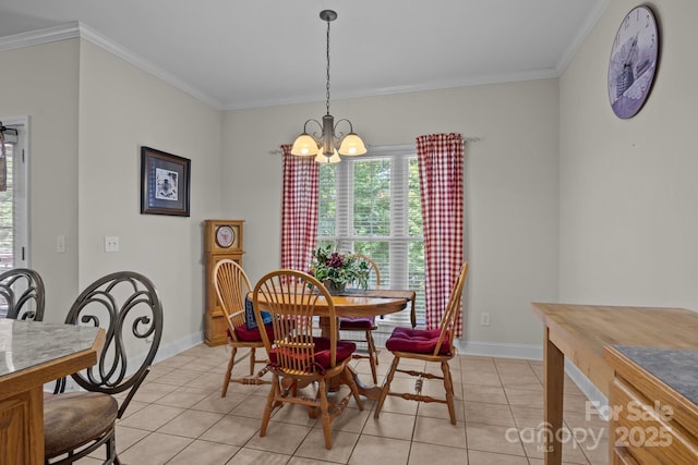 10501 Mount Olive Estates Dr Unit 7, Mount Pleasant, NC 28124 - dining room featuring light tile patterned flooring, a chandelier, ornamental molding, and baseboards