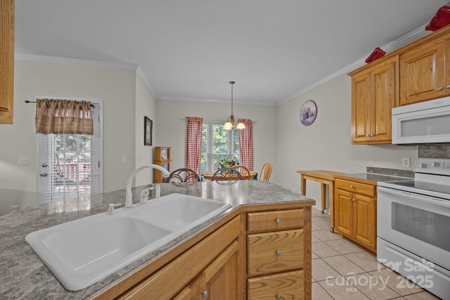 10501 Mount Olive Estates Dr Unit 7, Mount Pleasant, NC 28124 - kitchen featuring white appliances, a sink, crown molding, a chandelier, and light tile patterned flooring