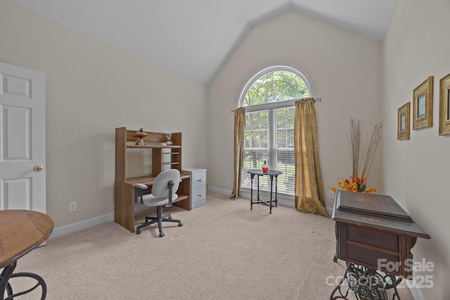 10501 Mount Olive Estates Dr Unit 7, Mount Pleasant, NC 28124 - home office with lofted ceiling, light carpet, and baseboards