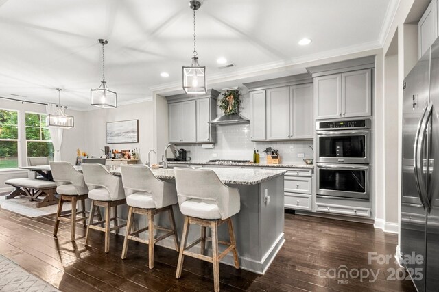 4189 Island Fox Ln, Denver, NC 28037 - kitchen featuring stainless steel appliances, gray cabinets, ornamental molding, recessed lighting, and dark wood-style flooring