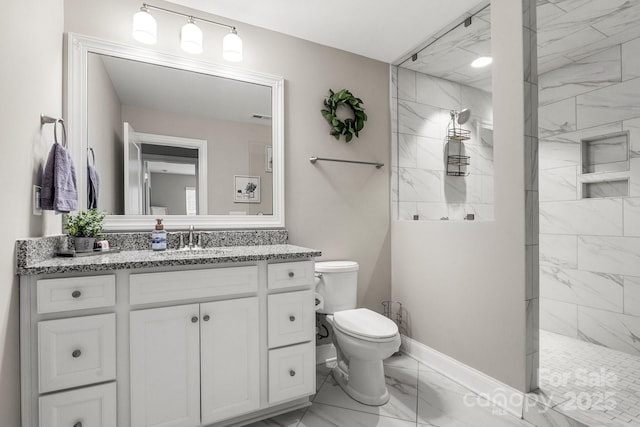 4189 Island Fox Ln, Denver, NC 28037 - full bathroom featuring marble finish floors, vanity, a walk in shower, toilet, and baseboards
