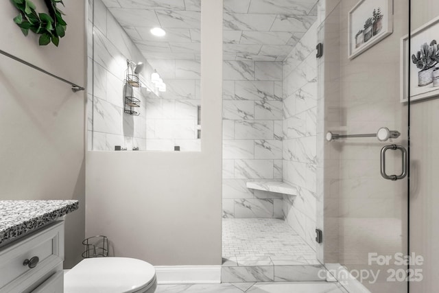 4189 Island Fox Ln, Denver, NC 28037 - bathroom featuring marble finish flooring, a stall shower, vanity, and toilet