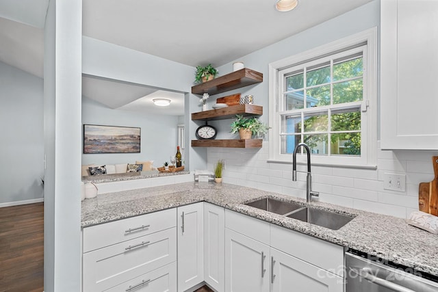 3308 Selwyn Farms Ln Unit 5, Charlotte, NC 28209 - kitchen featuring stainless steel dishwasher, tasteful backsplash, white cabinets, wood finished floors, and open shelves