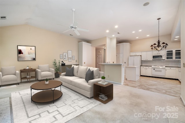9419 Olivia Ln, Charlotte, NC 28277 - living area with light carpet, a chandelier, recessed lighting, vaulted ceiling, and a ceiling fan