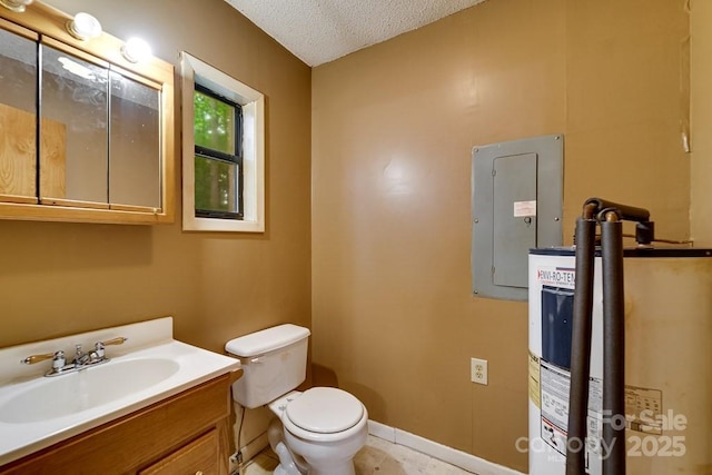 302 Mitchell Rd, Sylva, NC 28779 - bathroom featuring electric panel, water heater, toilet, vanity, and a textured ceiling