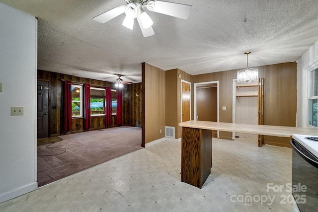 302 Mitchell Rd, Sylva, NC 28779 - kitchen with a ceiling fan, wood walls, light floors, a textured ceiling, and baseboards