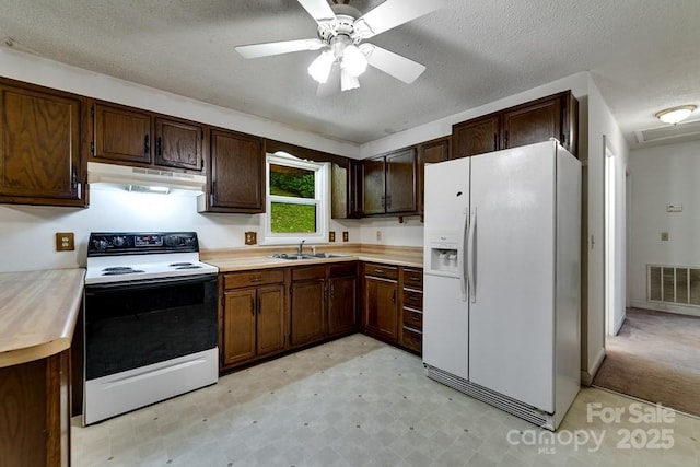 302 Mitchell Rd, Sylva, NC 28779 - kitchen with white fridge with ice dispenser, electric range oven, a sink, under cabinet range hood, and light flooring