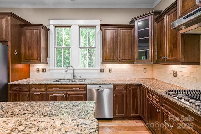 1 E Owl Creek Ln, Fairview, NC 28730 - kitchen featuring appliances with stainless steel finishes, a sink, ventilation hood, light wood finished floors, and light stone counters