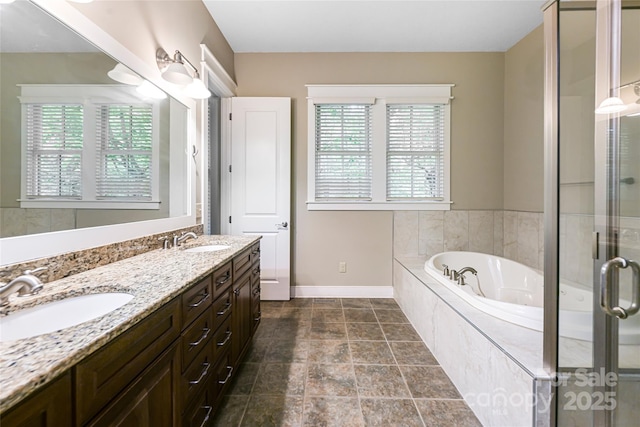 1 E Owl Creek Ln, Fairview, NC 28730 - bathroom featuring double vanity, a bath, baseboards, and a shower stall