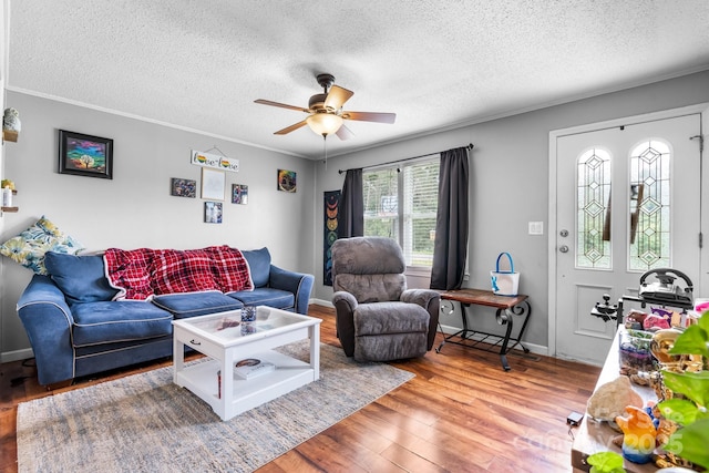 1691 Hill River Rd, Hiddenite, NC 28636 - living room featuring ceiling fan, wood finished floors, a textured ceiling, crown molding, and baseboards