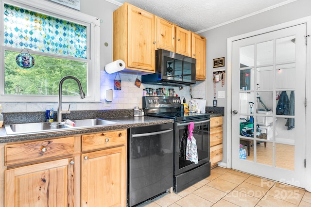 1691 Hill River Rd, Hiddenite, NC 28636 - kitchen featuring black electric range oven, dishwashing machine, a sink, dark countertops, and crown molding