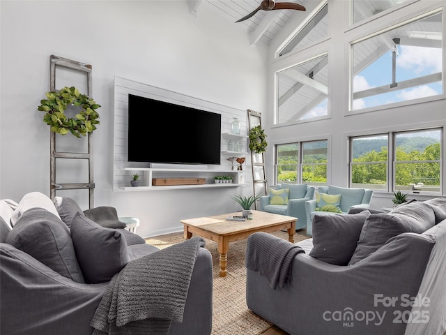 6 Lakeway Cir, Weaverville, NC 28787 - living room featuring beam ceiling, high vaulted ceiling, and a ceiling fan