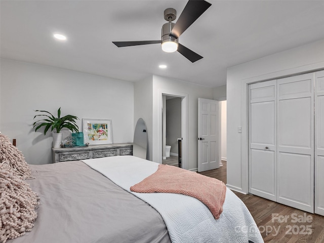6 Lakeway Cir, Weaverville, NC 28787 - bedroom featuring dark wood-style flooring, recessed lighting, a closet, a ceiling fan, and baseboards