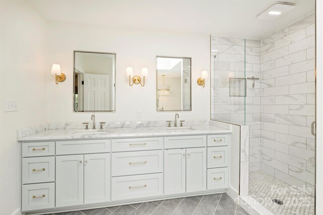 7022 Lancer Dr, Charlotte, NC 28226 - full bathroom featuring a shower stall, double vanity, and marble look tiles