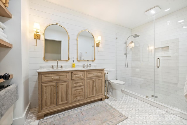 7022 Lancer Dr, Charlotte, NC 28226 - bathroom with double vanity, a stall shower, and tile patterned floors