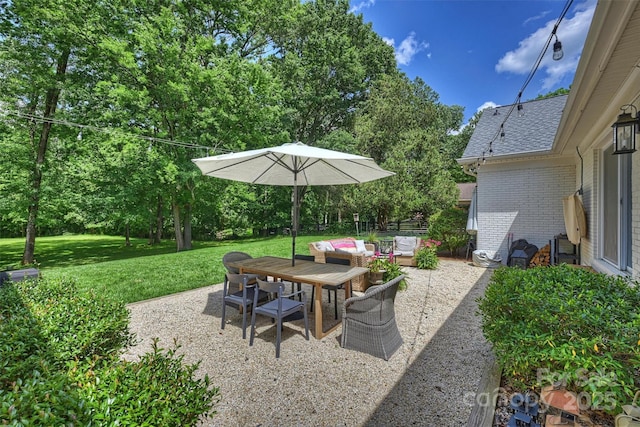7022 Lancer Dr, Charlotte, NC 28226 - view of patio featuring an outdoor hangout area, outdoor dining area, and view of scattered trees