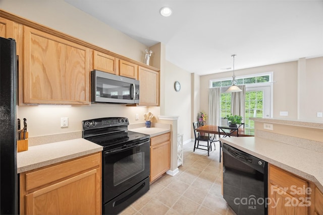 444 Battery Cir, Clover, SC 29710 - kitchen with black appliances, light countertops, light brown cabinetry, decorative light fixtures, and recessed lighting