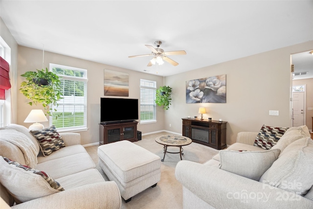444 Battery Cir, Clover, SC 29710 - living room featuring light carpet and ceiling fan