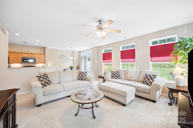 444 Battery Cir, Clover, SC 29710 - living room featuring healthy amount of natural light, a ceiling fan, light carpet, and recessed lighting