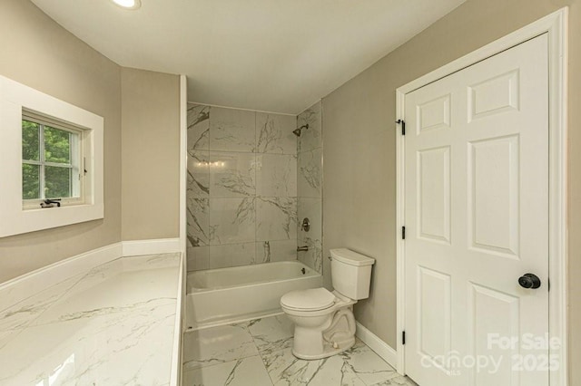 74 Eastmoor Dr, Asheville, NC 28805 - full bath with marble look tile flooring, toilet, baseboards, shower / washtub combination, and recessed lighting