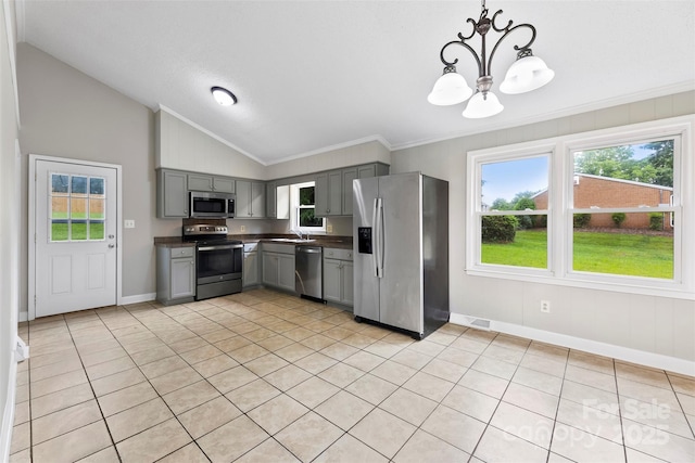 1606 Northwoods Dr, Kings Mountain, NC 28086 - kitchen featuring appliances with stainless steel finishes, gray cabinetry, dark countertops, a chandelier, and lofted ceiling