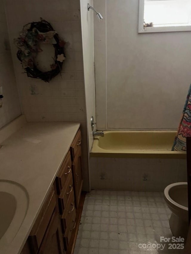 239 Laurel Dr, Whittier, NC 28789 - bathroom with vanity, shower / bathtub combination, toilet, and tile patterned floors
