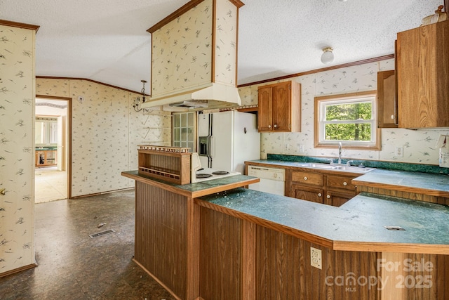 501 Deer Chase Cir, Cedar Mountain, NC 28718 - kitchen with white appliances, wallpapered walls, crown molding, a sink, and brown cabinetry