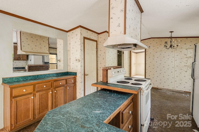 501 Deer Chase Cir, Cedar Mountain, NC 28718 - kitchen featuring white electric range oven, ornamental molding, a textured ceiling, wallpapered walls, and dark countertops