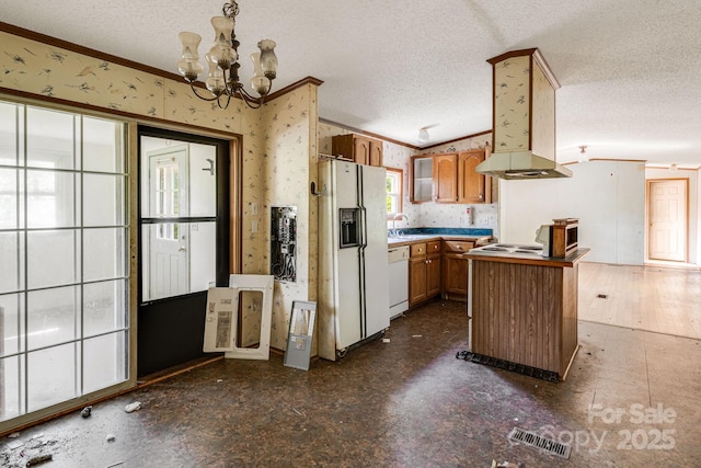 501 Deer Chase Cir, Cedar Mountain, NC 28718 - kitchen featuring white appliances, crown molding, a textured ceiling, brown cabinets, and a chandelier