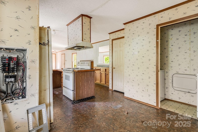 501 Deer Chase Cir, Cedar Mountain, NC 28718 - kitchen featuring white range with electric stovetop, dark floors, under cabinet range hood, crown molding, and a textured ceiling