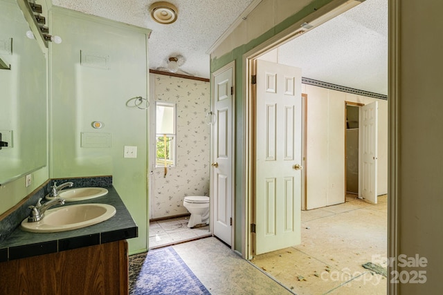 501 Deer Chase Cir, Cedar Mountain, NC 28718 - full bath with a textured ceiling, toilet, double vanity, and crown molding