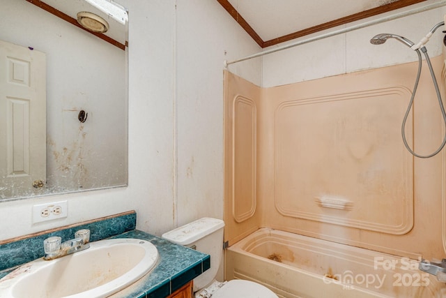 501 Deer Chase Cir, Cedar Mountain, NC 28718 - bathroom with vanity, shower / bathtub combination, crown molding, and toilet
