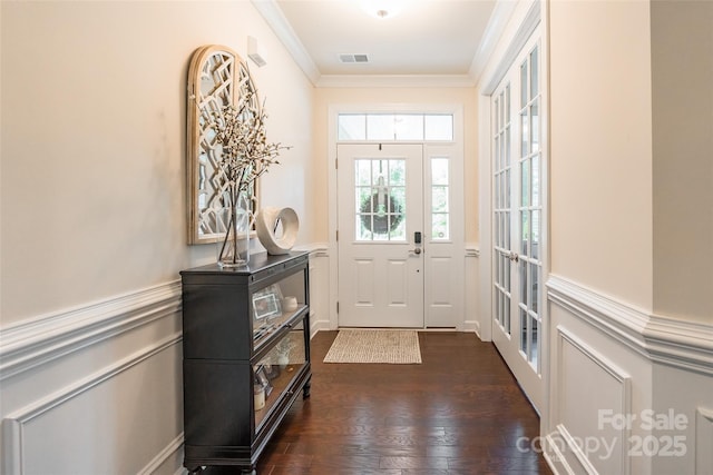 5130 Watersail Way, Clover, SC 29710 - entrance foyer featuring ornamental molding, dark wood-style floors, and a wainscoted wall