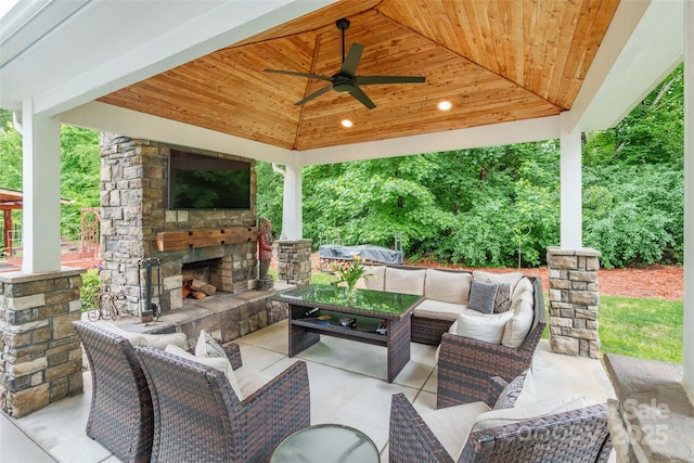 5130 Watersail Way, Clover, SC 29710 - view of patio featuring a gazebo, a ceiling fan, and an outdoor living space with a fireplace