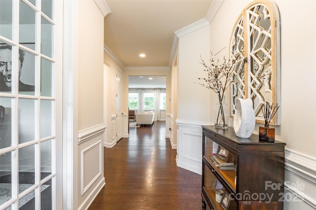 5130 Watersail Way, Clover, SC 29710 - corridor with ornamental molding, a decorative wall, dark wood-style flooring, and a wainscoted wall