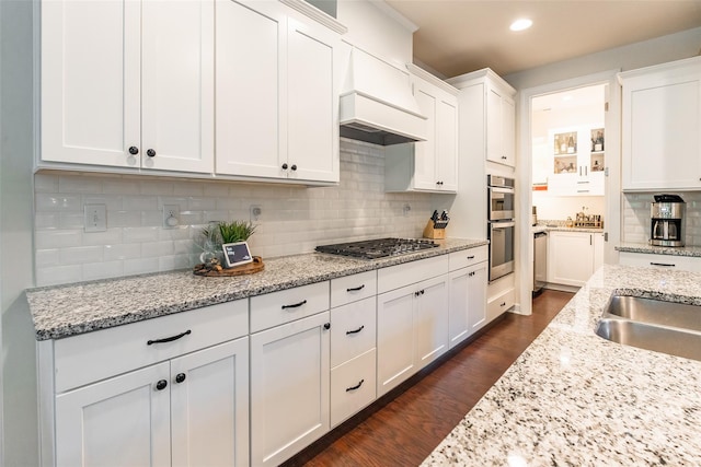 5130 Watersail Way, Clover, SC 29710 - kitchen featuring white cabinets, custom range hood, stainless steel appliances, tasteful backsplash, and dark wood-type flooring