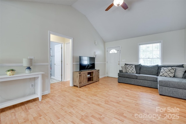 110 Eighth St, York, SC 29745 - living area featuring ceiling fan, wood finished floors, and high vaulted ceiling