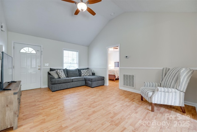 110 Eighth St, York, SC 29745 - living room with ceiling fan, light wood-style floors, high vaulted ceiling, and baseboards