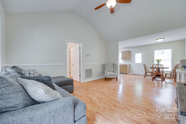 110 Eighth St, York, SC 29745 - living area featuring lofted ceiling, ceiling fan, and light wood-style flooring