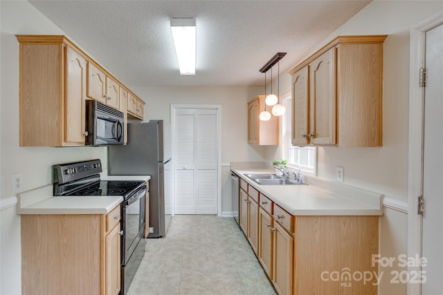 110 Eighth St, York, SC 29745 - kitchen featuring black appliances, a sink, light brown cabinetry, light countertops, and a textured ceiling