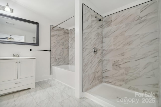 2315 Circle Dr, Great Falls, SC 29055 - bathroom with vanity, marble look tiles, ceiling fan, and tub / shower combination