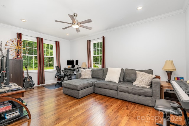 10874 Rise Ln, Fort Mill, SC 29707 - living area featuring wood finished floors, a ceiling fan, healthy amount of natural light, a desk, and crown molding