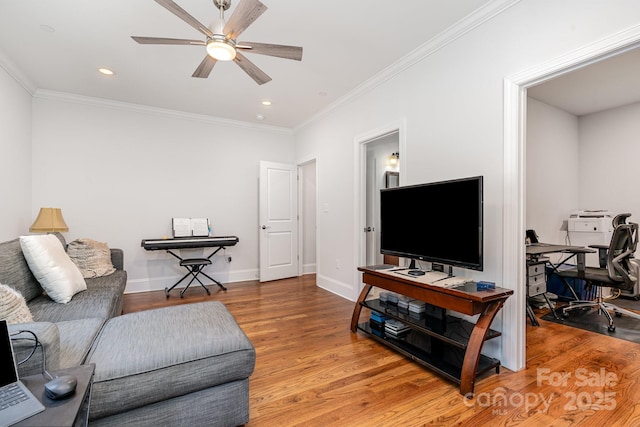 10874 Rise Ln, Fort Mill, SC 29707 - living area with a desk, a ceiling fan, light wood-style flooring, crown molding, and recessed lighting