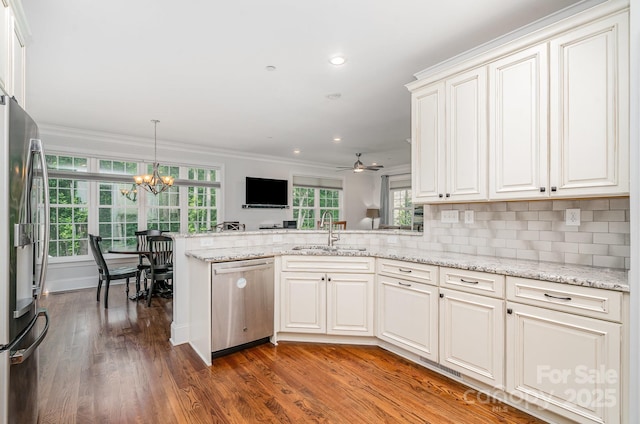 10874 Rise Ln, Fort Mill, SC 29707 - kitchen featuring appliances with stainless steel finishes, a sink, a peninsula, plenty of natural light, and ornamental molding