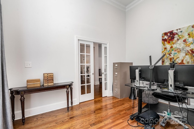 10874 Rise Ln, Fort Mill, SC 29707 - home office featuring ornamental molding, french doors, wood finished floors, and a towering ceiling