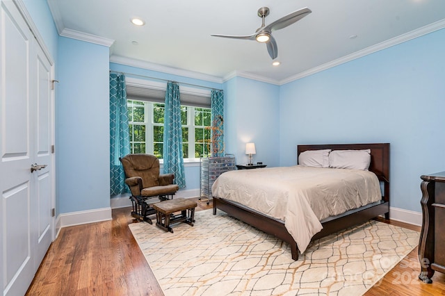 10874 Rise Ln, Fort Mill, SC 29707 - bedroom featuring ornamental molding, wood finished floors, baseboards, a ceiling fan, and recessed lighting