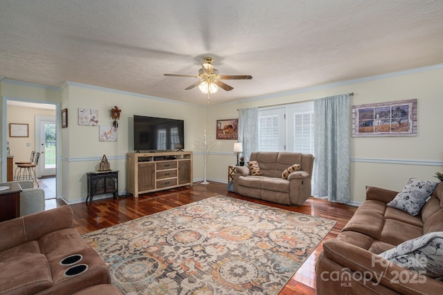 112 Ocean Dr, Shelby, NC 28152 - living room with ceiling fan, wood finished floors, ornamental molding, baseboards, and a textured ceiling