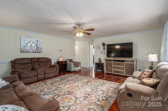 112 Ocean Dr, Shelby, NC 28152 - living area with wood finished floors, a ceiling fan, ornamental molding, and a textured ceiling