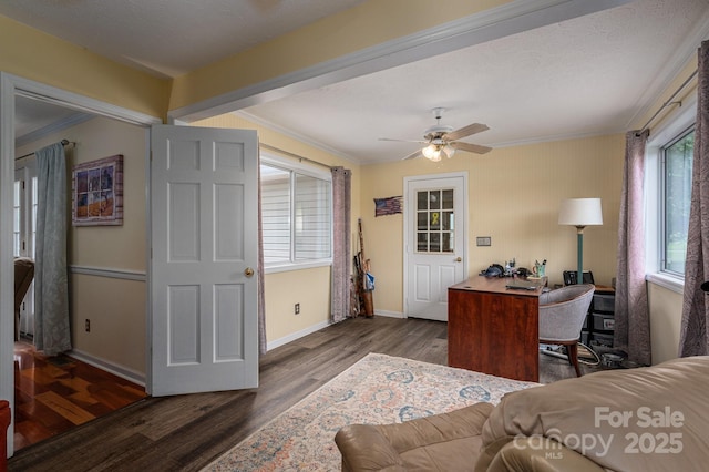 112 Ocean Dr, Shelby, NC 28152 - living room featuring ornamental molding, wood finished floors, ceiling fan, and baseboards