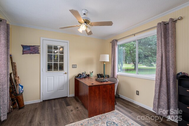 112 Ocean Dr, Shelby, NC 28152 - office area with dark wood-style flooring, ornamental molding, baseboards, and ceiling fan